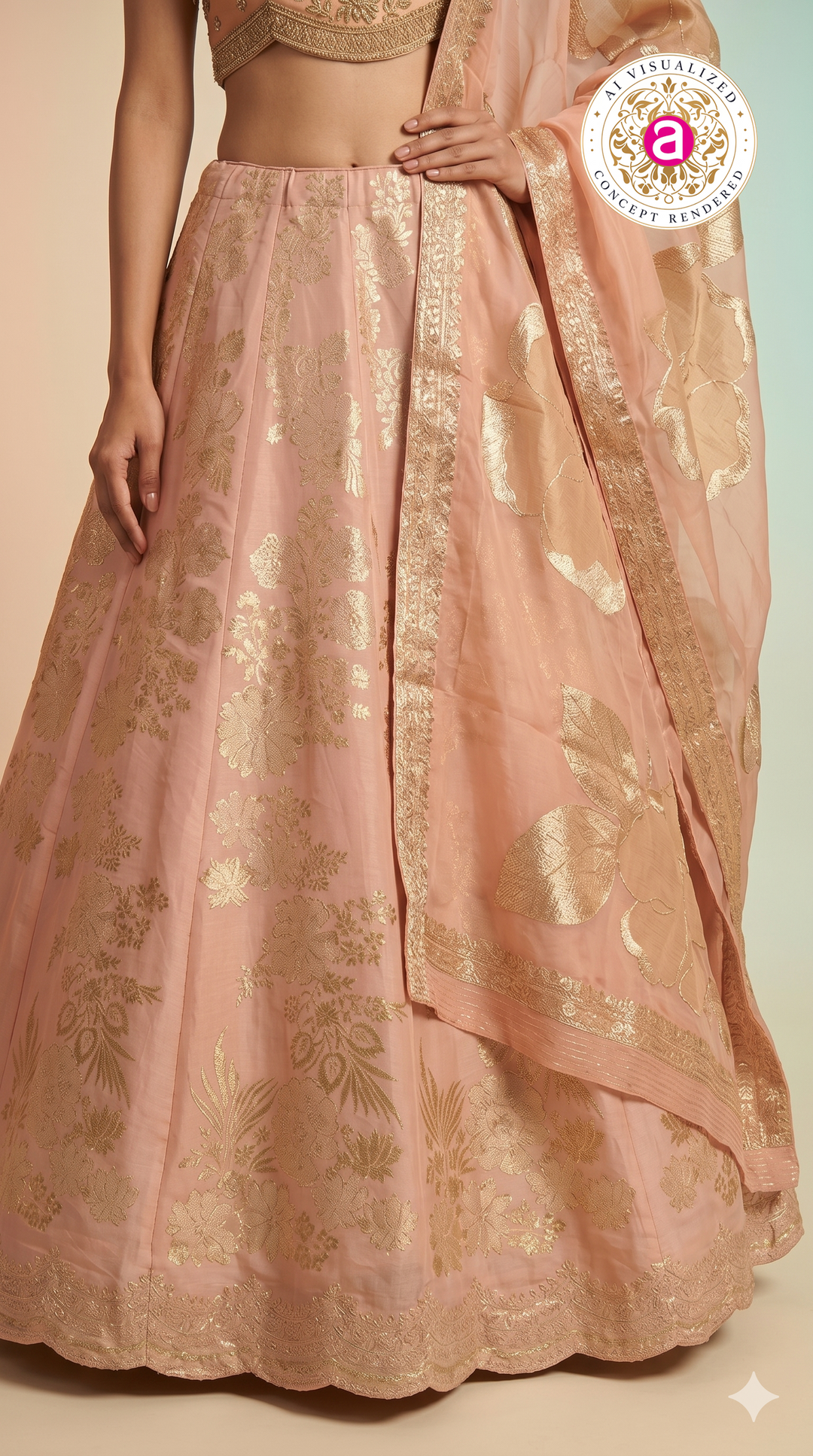 Blush Pink Silk Lehenga Choli with Gold Floral Weaving & Sheer Dupatta