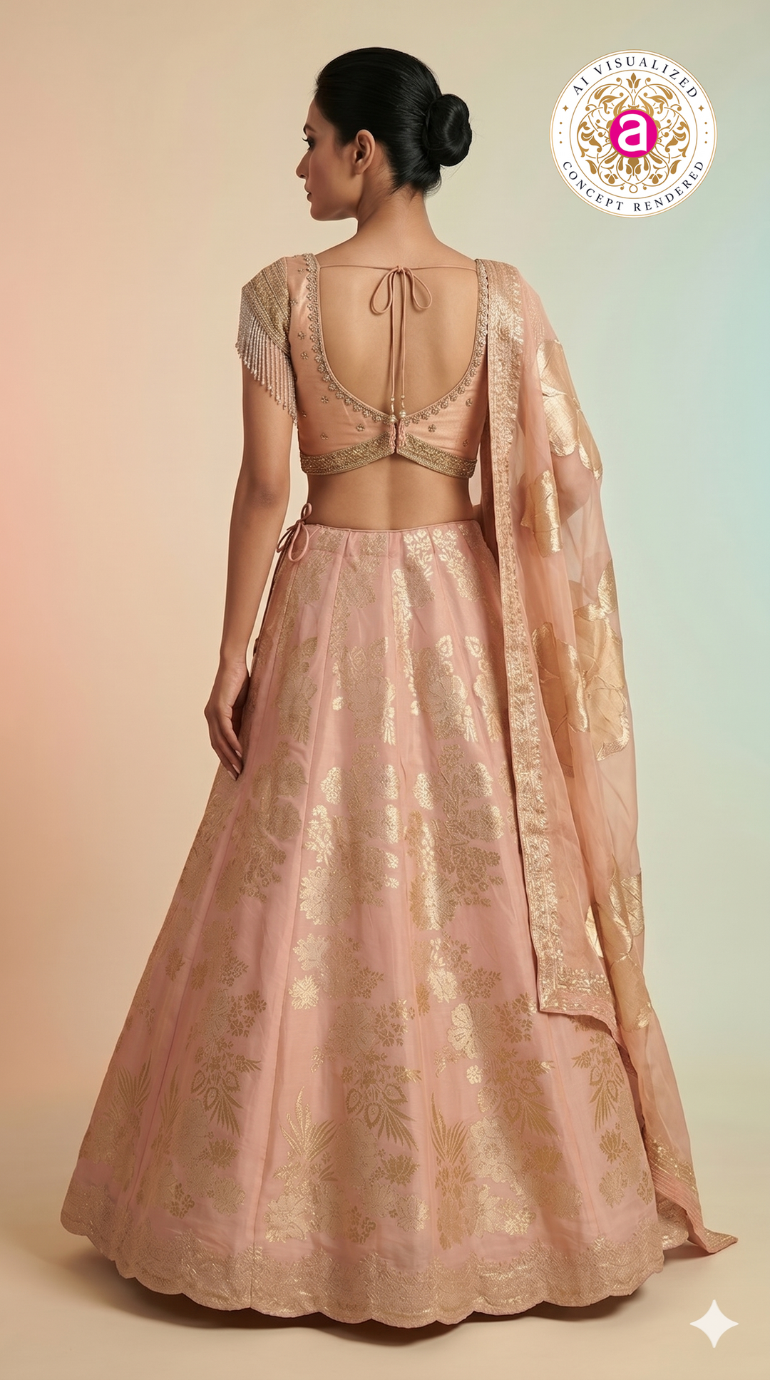 Blush Pink Silk Lehenga Choli with Gold Floral Weaving & Sheer Dupatta