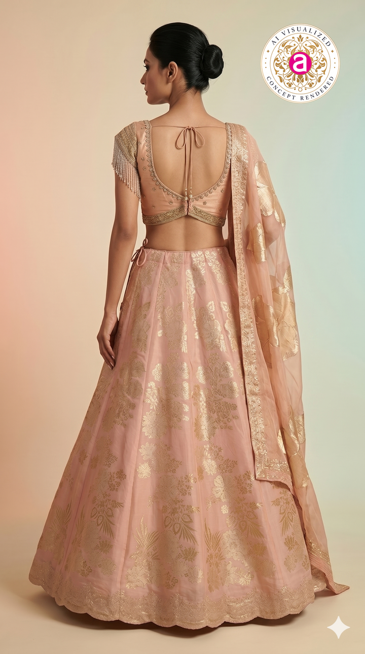Blush Pink Silk Lehenga Choli with Gold Floral Weaving & Sheer Dupatta