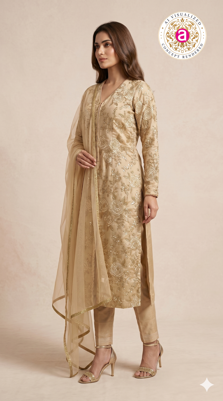 Champagne Beige Floral Embroidered Straight Kurta Set with Organza Dupatta