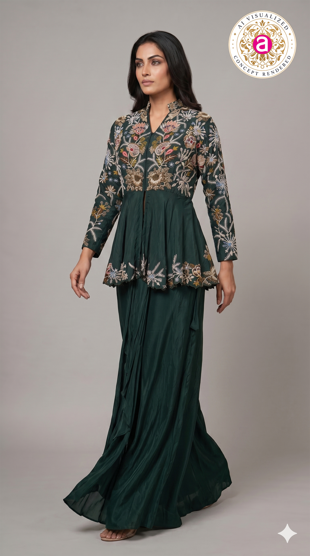 Emerald Green Embroidered Indo-Western Co-Ord Set with Peplum Jacket