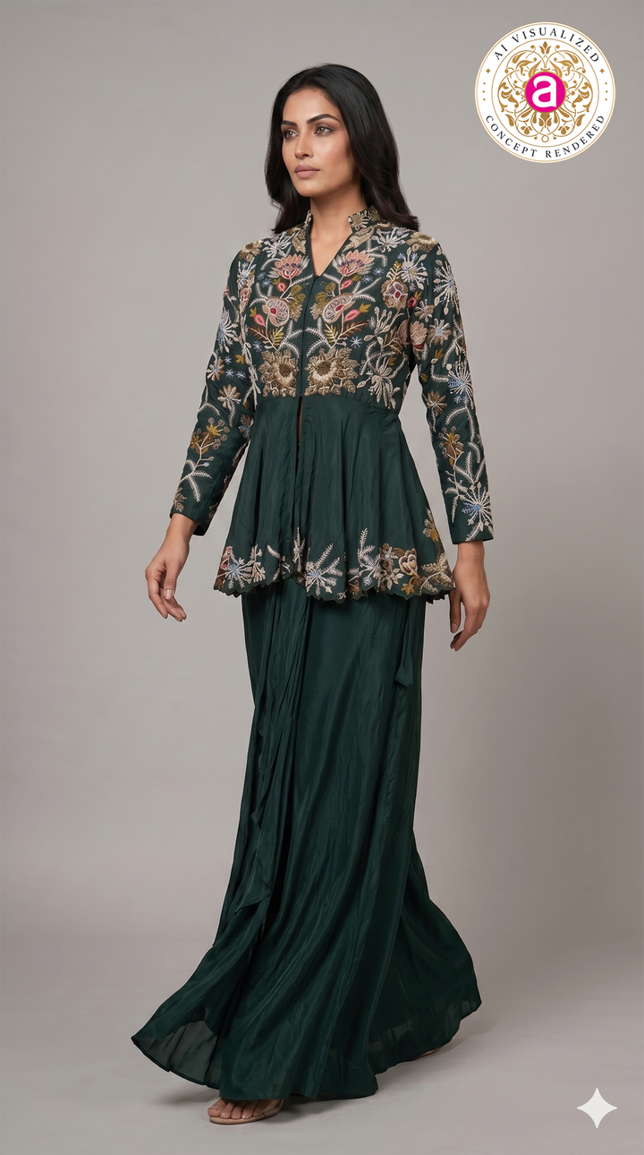 Emerald Green Embroidered Indo-Western Co-Ord Set with Peplum Jacket