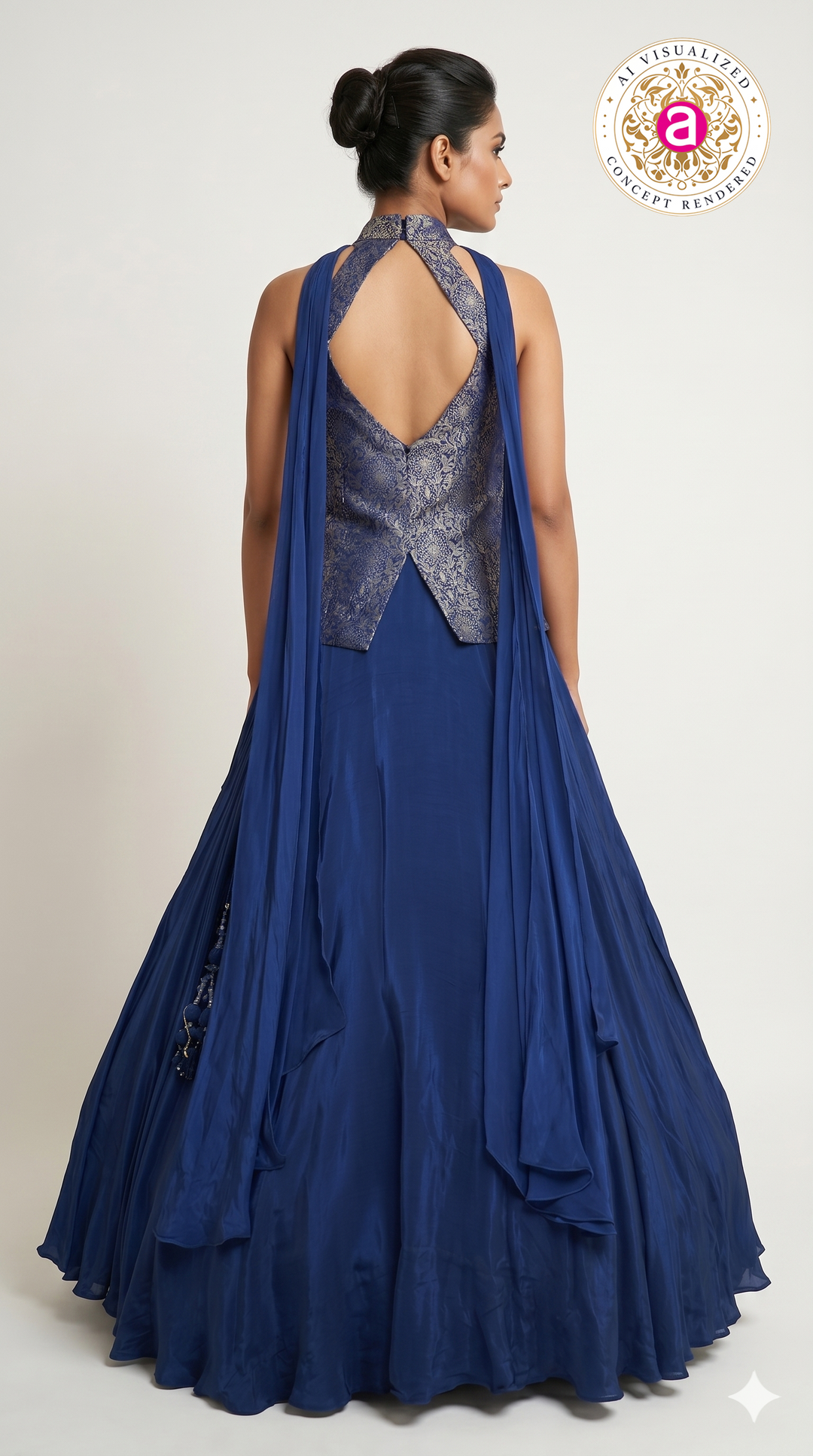 Royal Blue Designer Gown with Embroidered Halter Neck Bodice