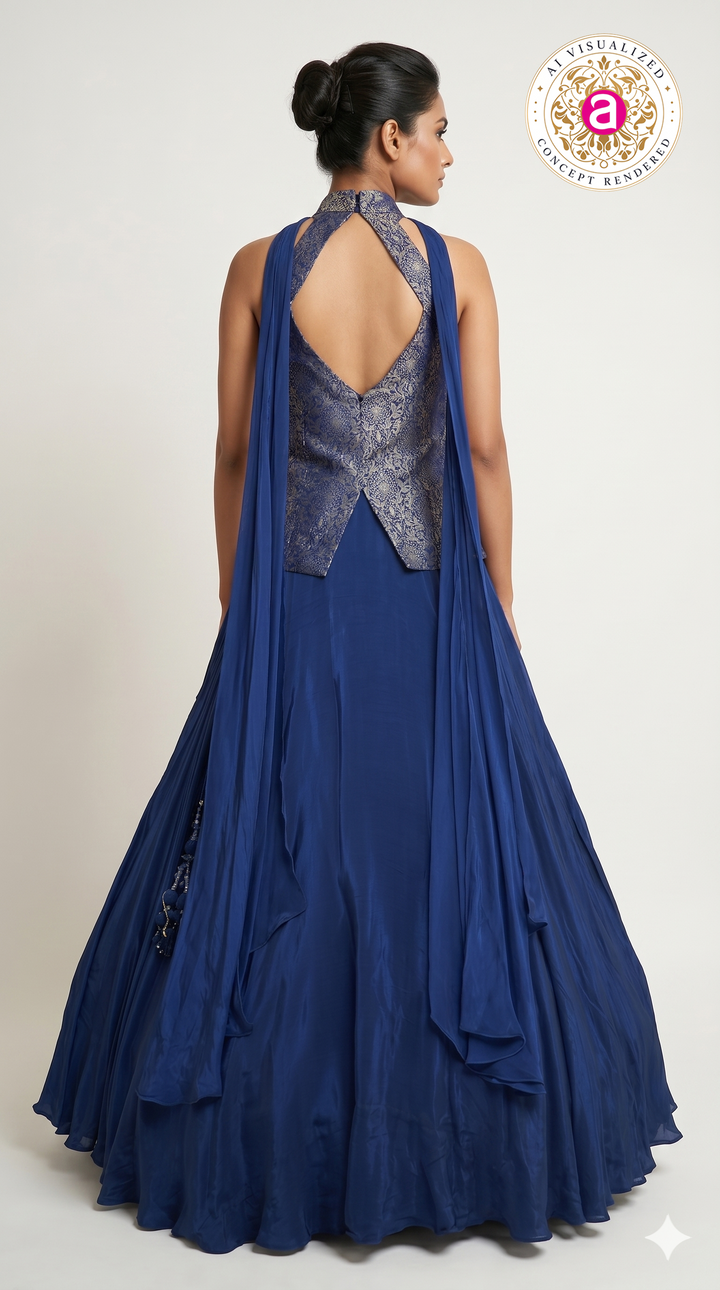 Royal Blue Designer Gown with Embroidered Halter Neck Bodice