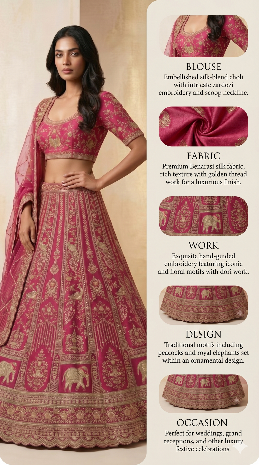 Rani Pink Designer Bridal Lehenga Set with Heavy Zari Embroidery & Net Dupatta
