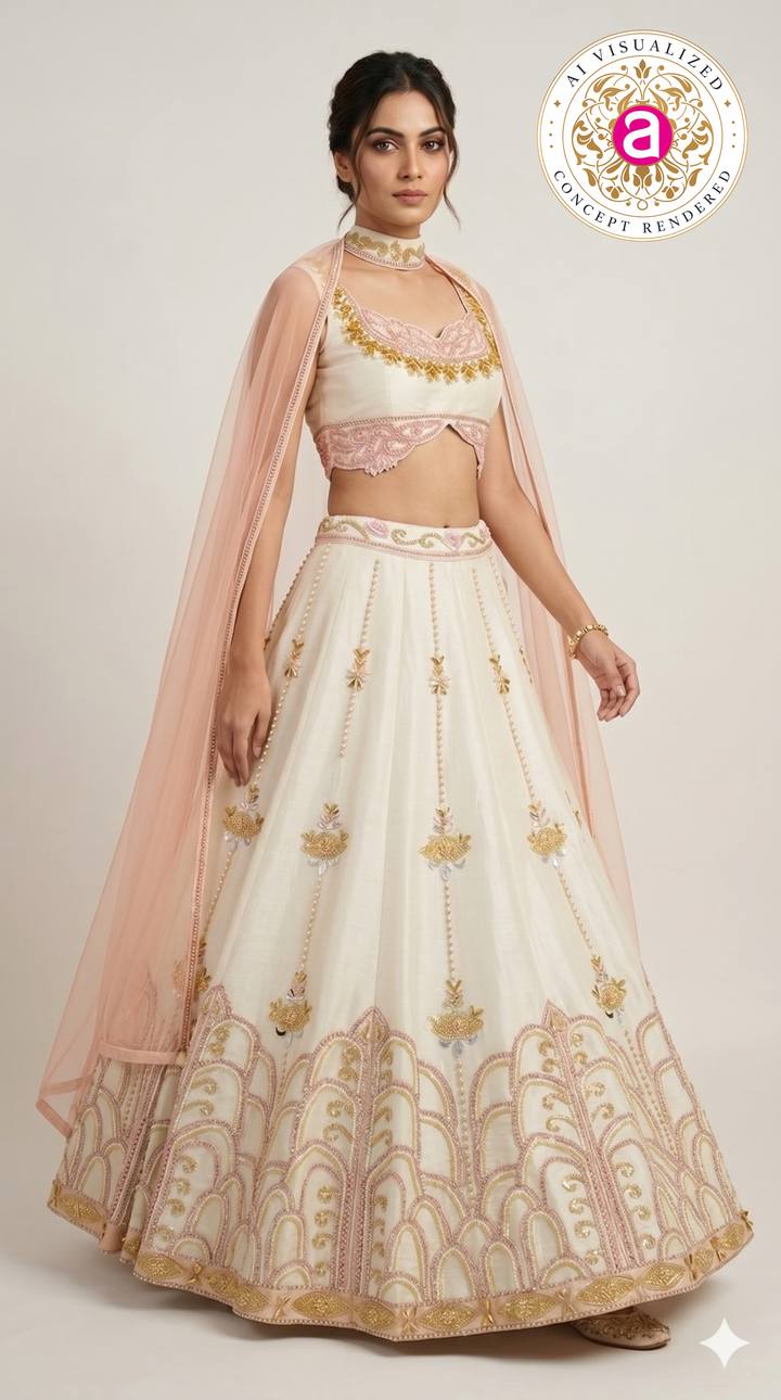 Ivory Blush Pink Embroidered Designer Lehenga Choli with Net Dupatta