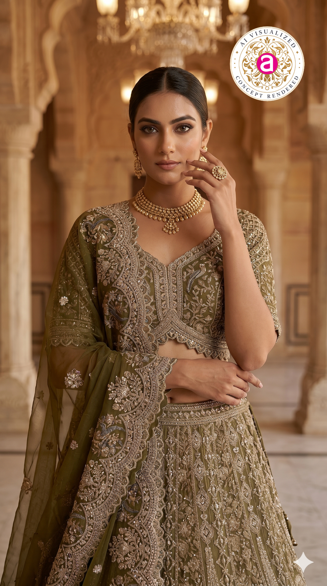 Olive Green Designer Bridal Lehenga Set with Heavy Embroidery & Elegant Dupatta