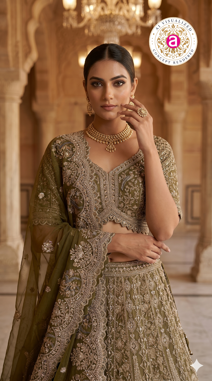 Olive Green Designer Bridal Lehenga Set with Heavy Embroidery & Elegant Dupatta