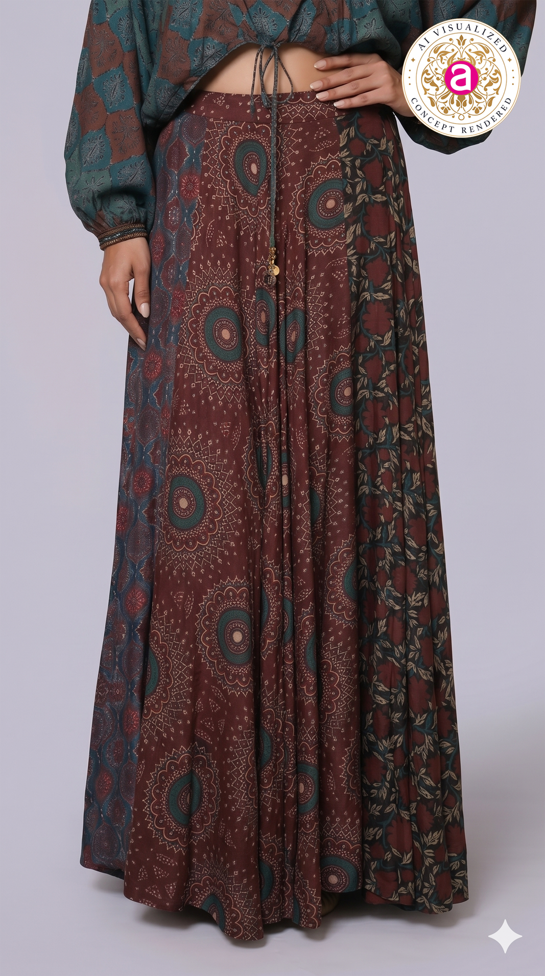Bohemian Printed Co-Ord Set with Embellished Crop Top & Maxi Skirt