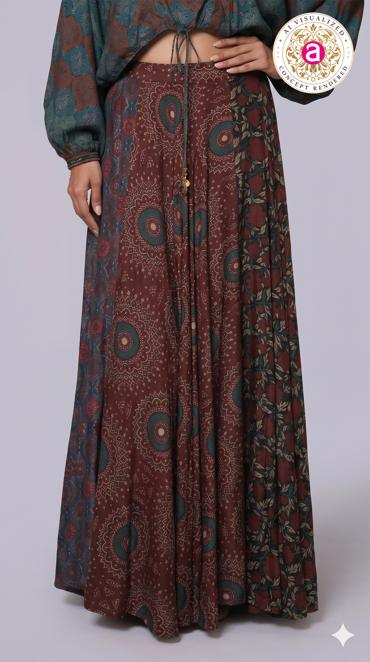 Bohemian Printed Co-Ord Set with Embellished Crop Top & Maxi Skirt