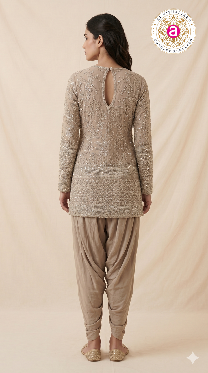 Taupe Beige Heavily Embroidered Kurta Set with Draped Dhoti Pants & Net Dupatta