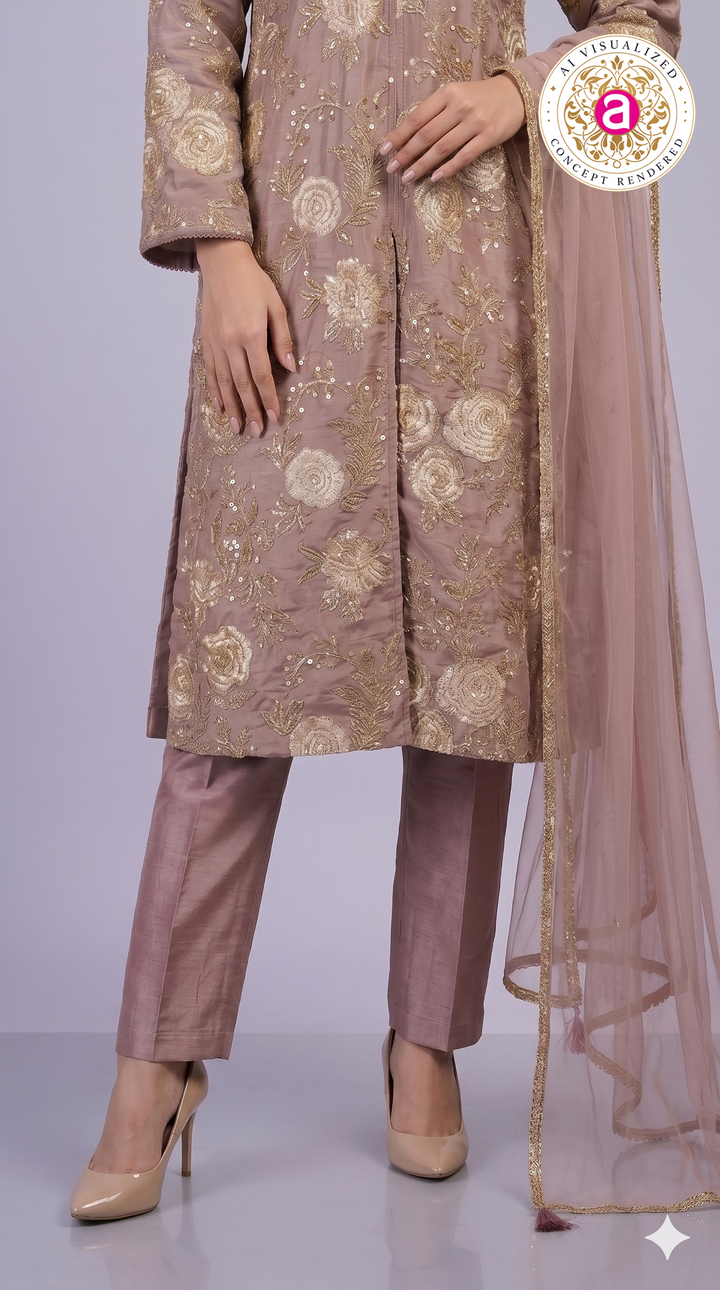 Dusty Rose Floral Embroidered Straight Kurta Set with Dupatta