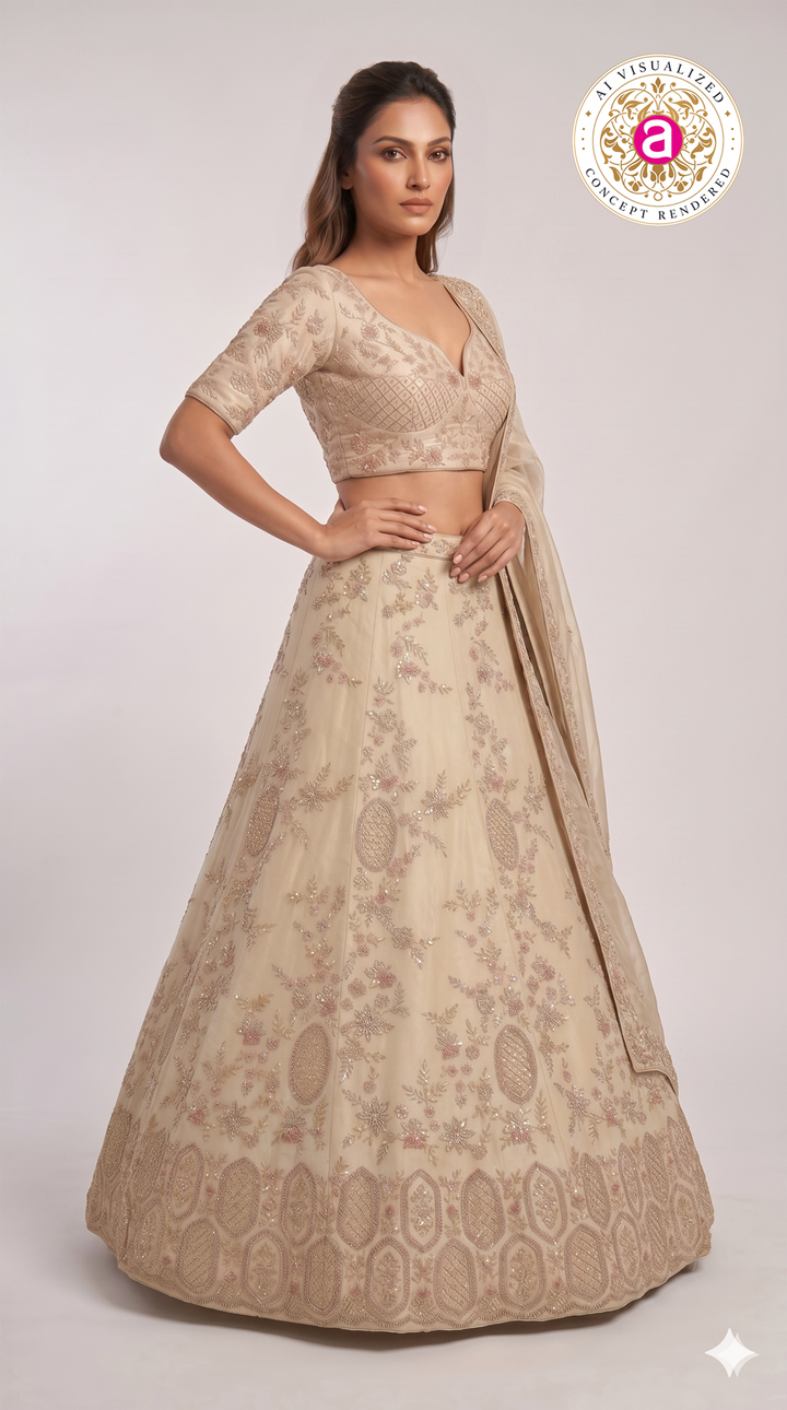 Champagne Beige Designer Embroidered Lehenga Set with Organza Dupatta