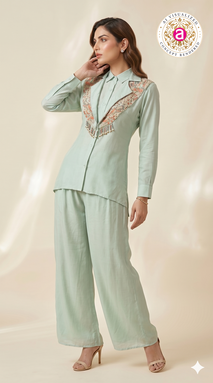 Mint Green Embellished Collar Co-ord Set