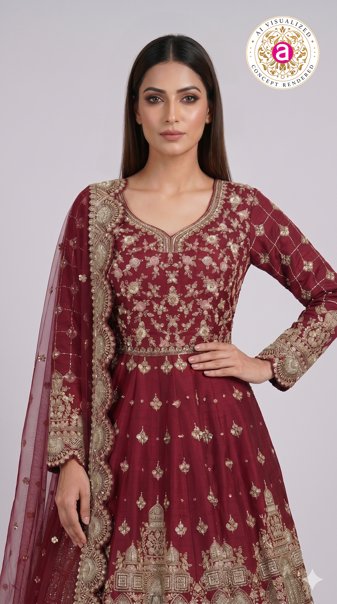 Wine Maroon Embroidered Anarkali Gown Set with Net Dupatta