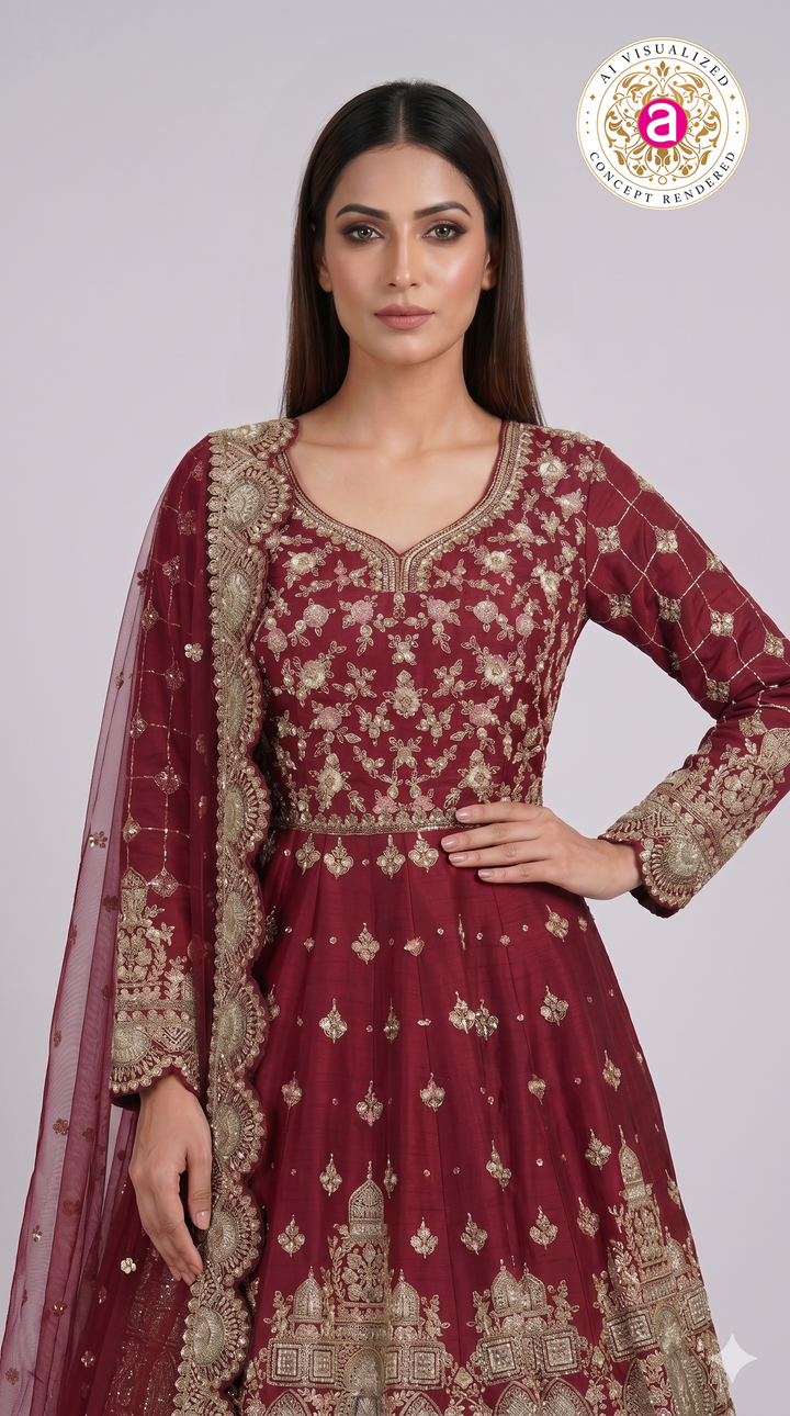 Wine Maroon Embroidered Anarkali Gown Set with Net Dupatta