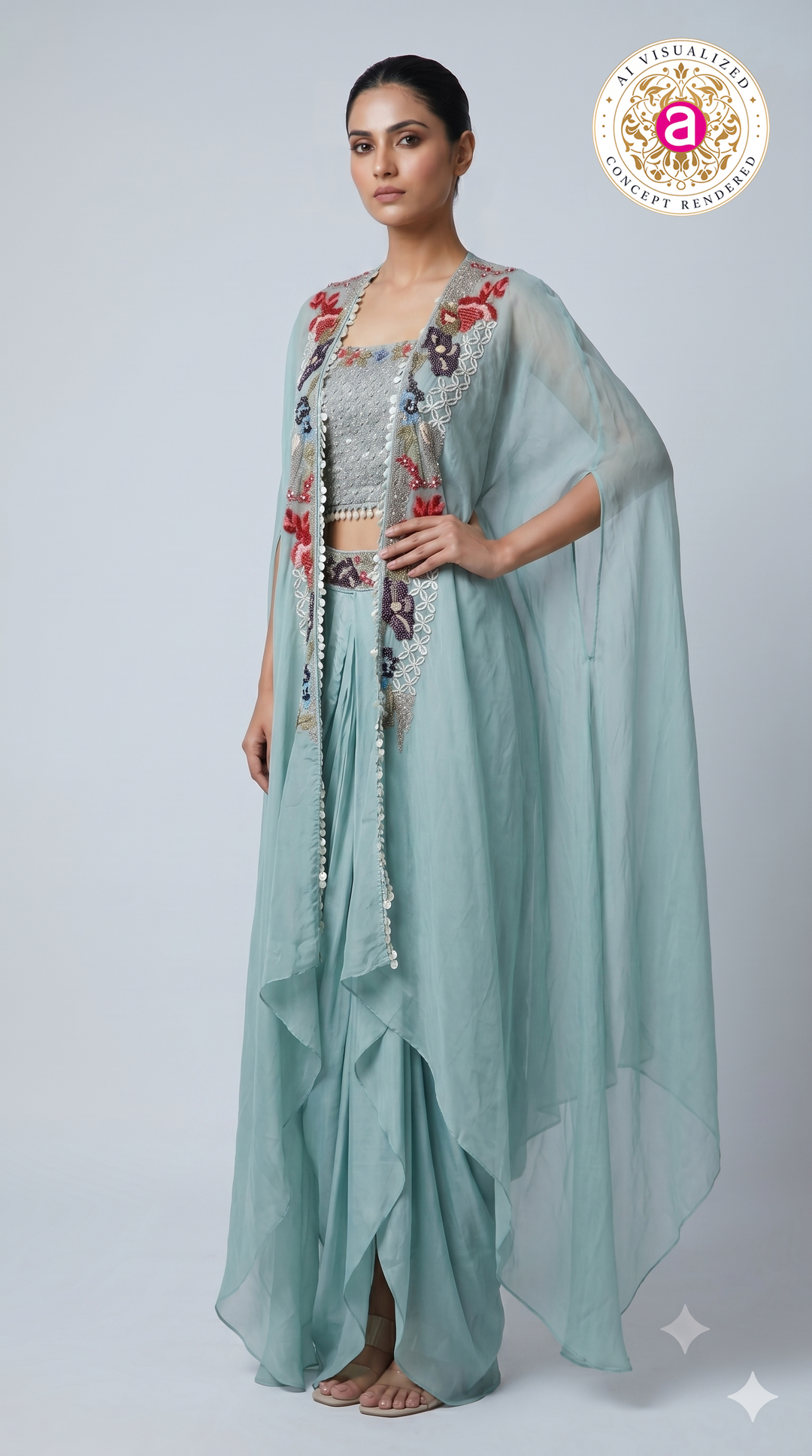 Powder Blue Embroidered Cape Style Designer Ensemble