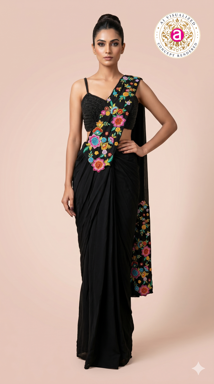 Black Ready to Wear Saree with Floral Embroidered Designer Border