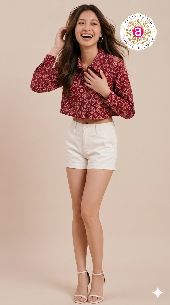 Maroon Geometric Printed Crop Shirt Top