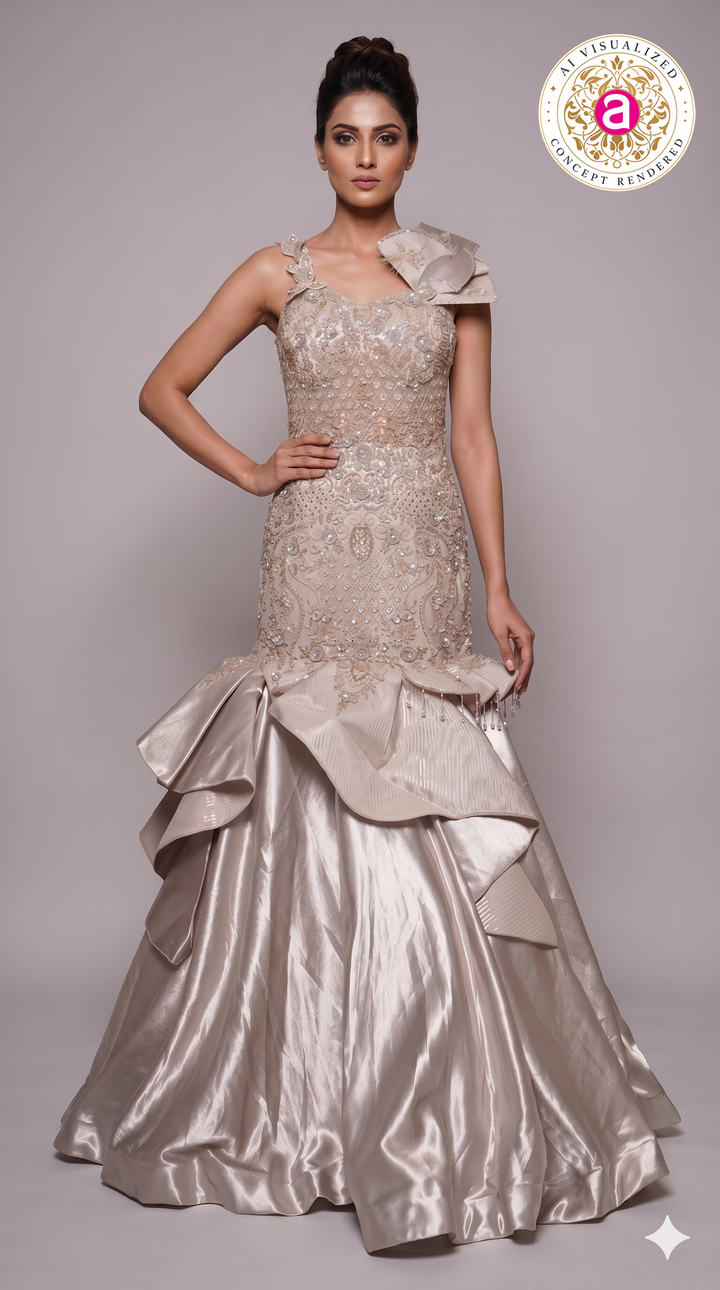 Champagne Beige Embellished Mermaid Gown with Sculpted Ruffle Detailing