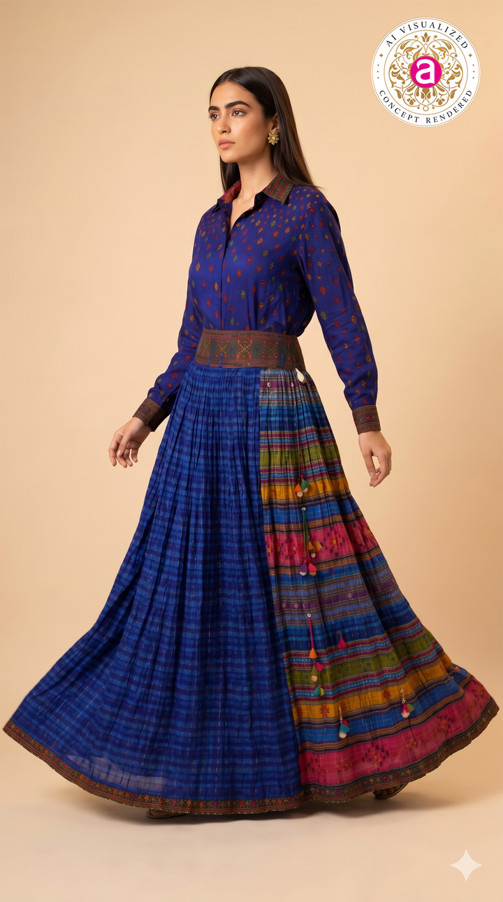 Royal Blue Printed Designer Shirt & Flared Skirt Set