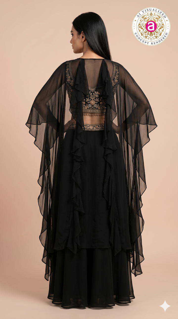 Black Embroidered Indo-Western Co-Ord Set with Cape Jacket