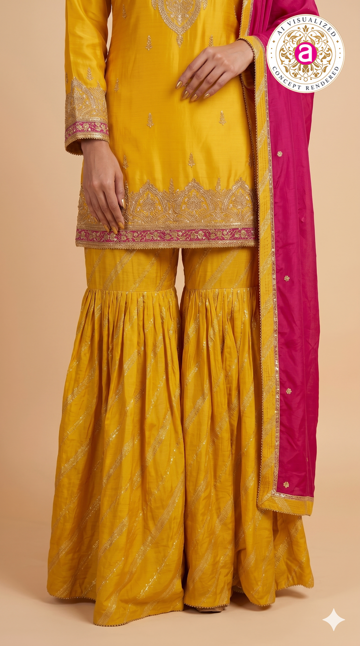 Mustard Yellow Embroidered Sharara Suit Set with Rani Pink Dupatta
