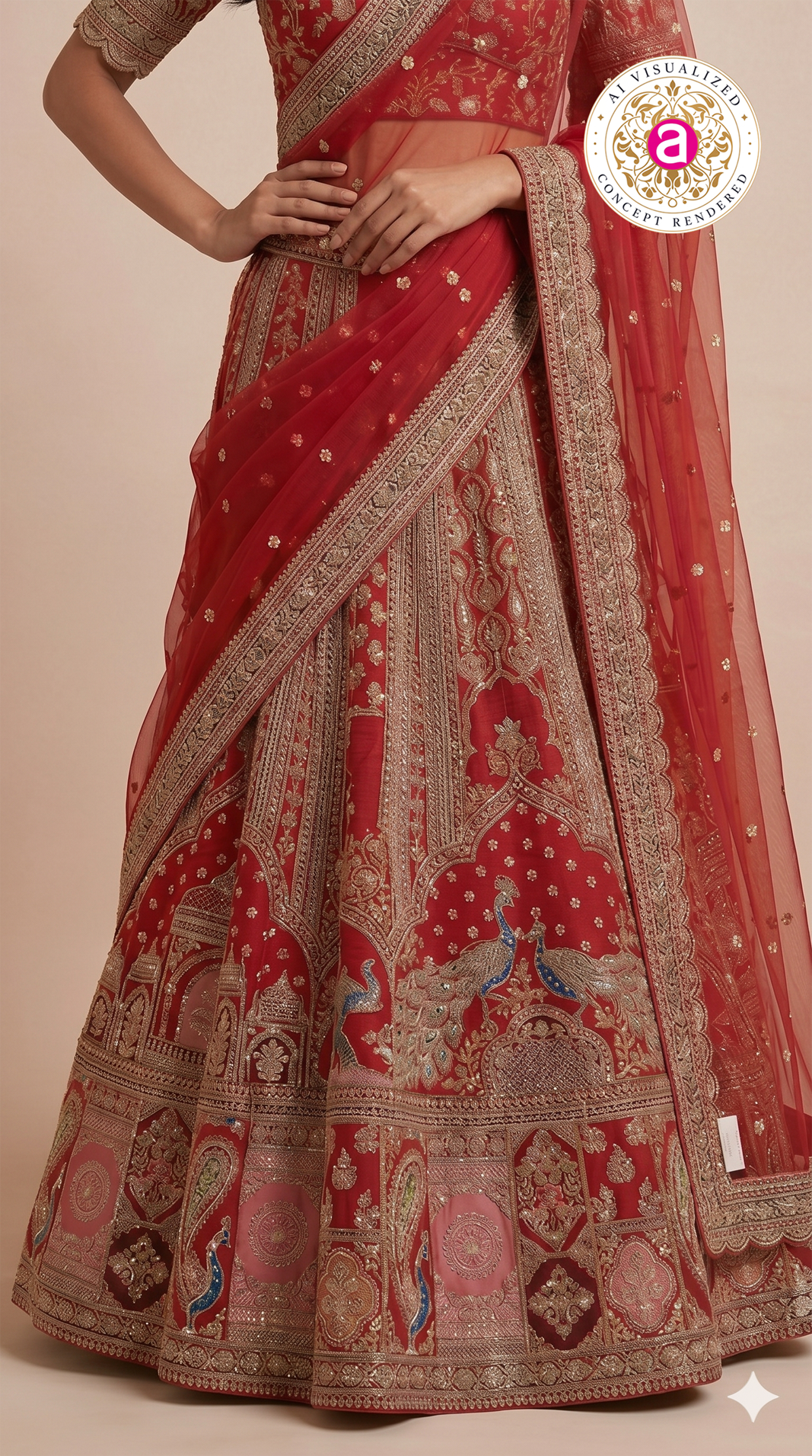 Royal Red Bridal Lehenga Set with Heritage Peacock Embroidery & Designer Net Dupatta