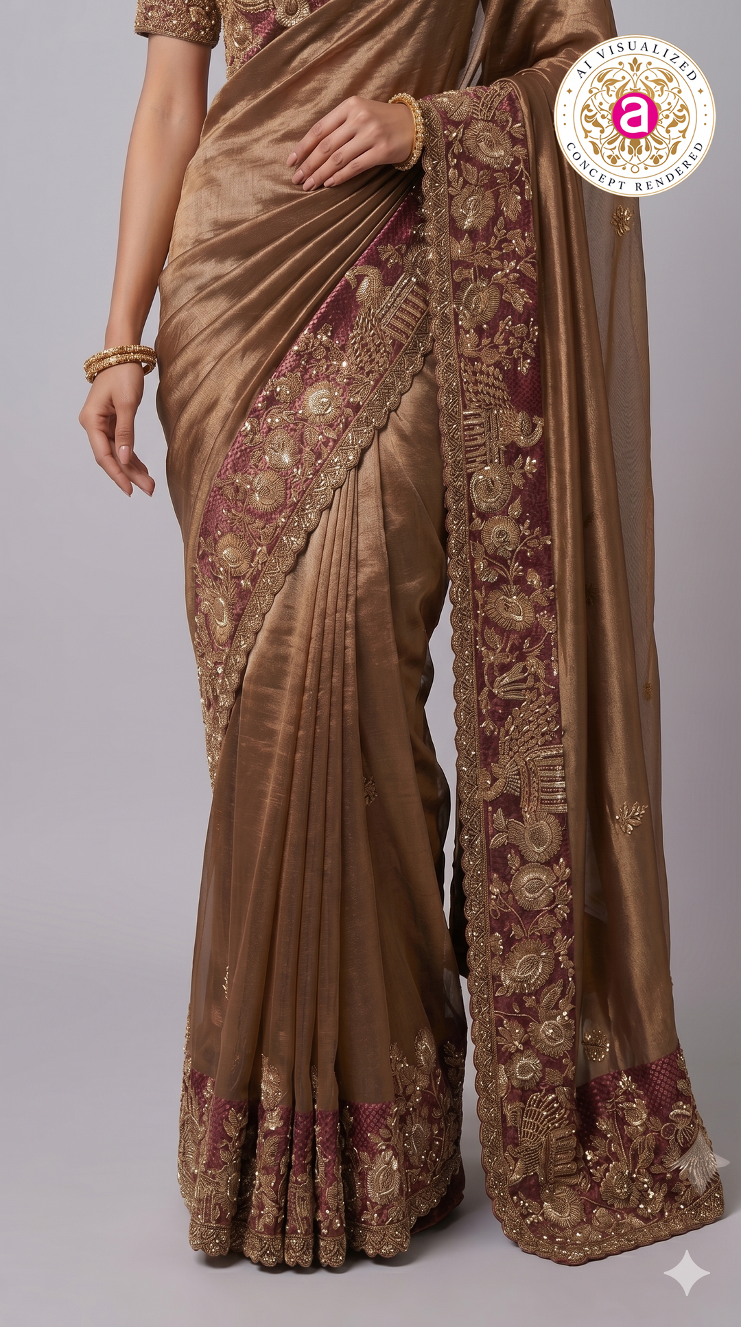Copper Gold Designer Saree with Maroon Heritage Embroidered Border