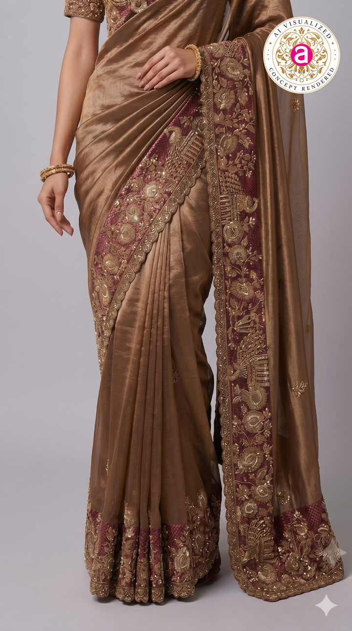 Copper Gold Designer Saree with Maroon Heritage Embroidered Border