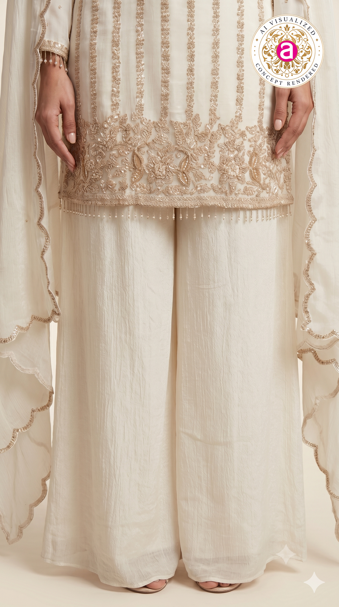 Elegant Ivory Embroidered Kurta Palazzo Set with DupattaElegant Ivory Embroidered Kurta Palazzo Set with Dupatta