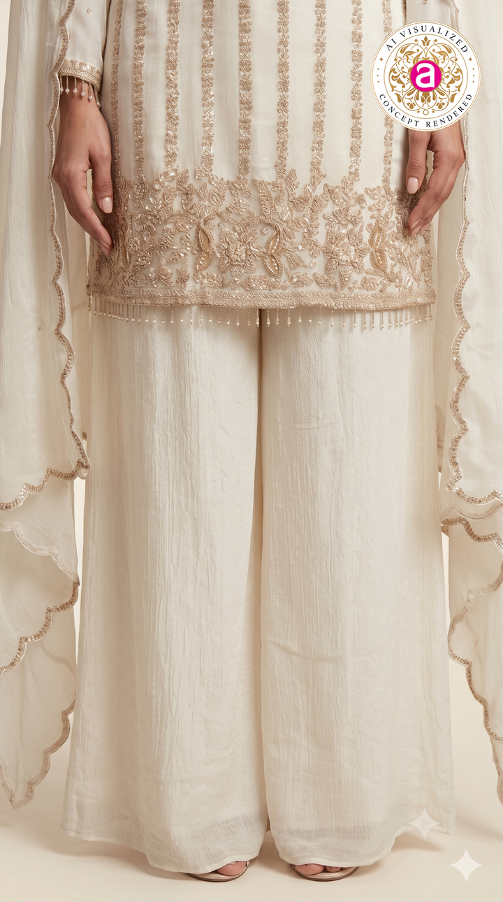 Elegant Ivory Embroidered Kurta Palazzo Set with DupattaElegant Ivory Embroidered Kurta Palazzo Set with Dupatta