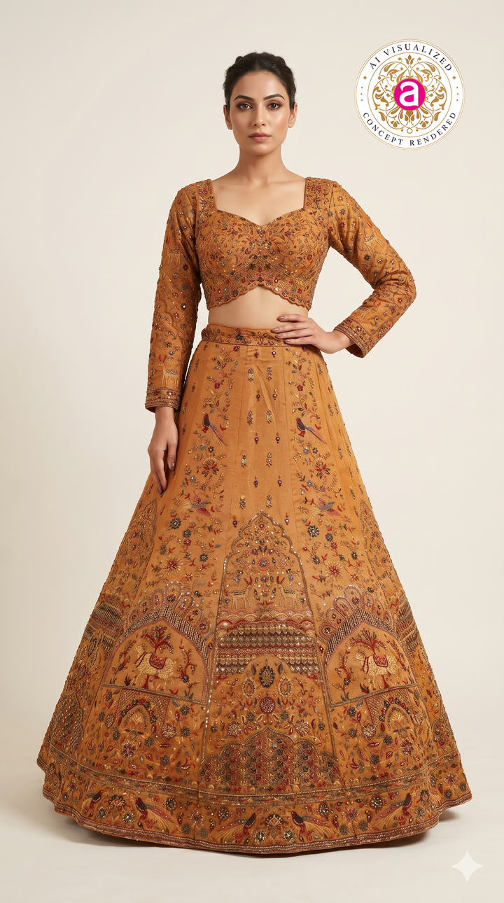 Mustard Gold Heritage Bridal Lehenga Set with Intricate Hand Embroidery & Traditional Motifs