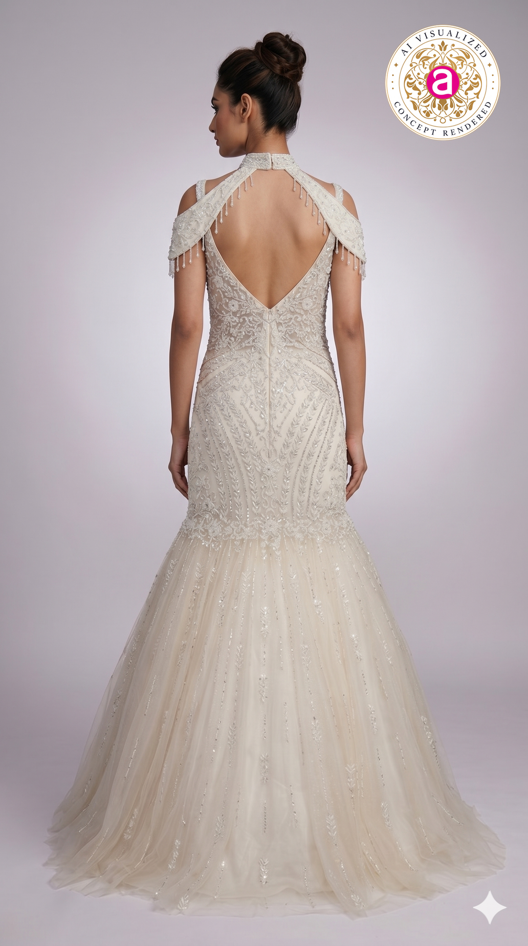 Ivory Pearl Embellished Mermaid Gown with Cold-Shoulder Cape Sleeves