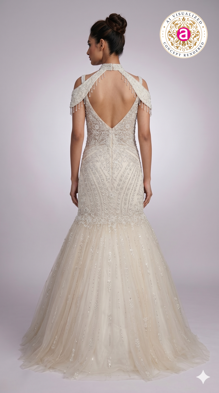 Ivory Pearl Embellished Mermaid Gown with Cold-Shoulder Cape Sleeves