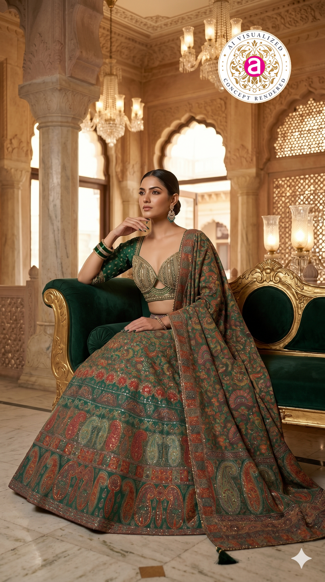 Emerald Green Paisley Printed Designer Lehenga Set with Embellished Blouse & Dupatta