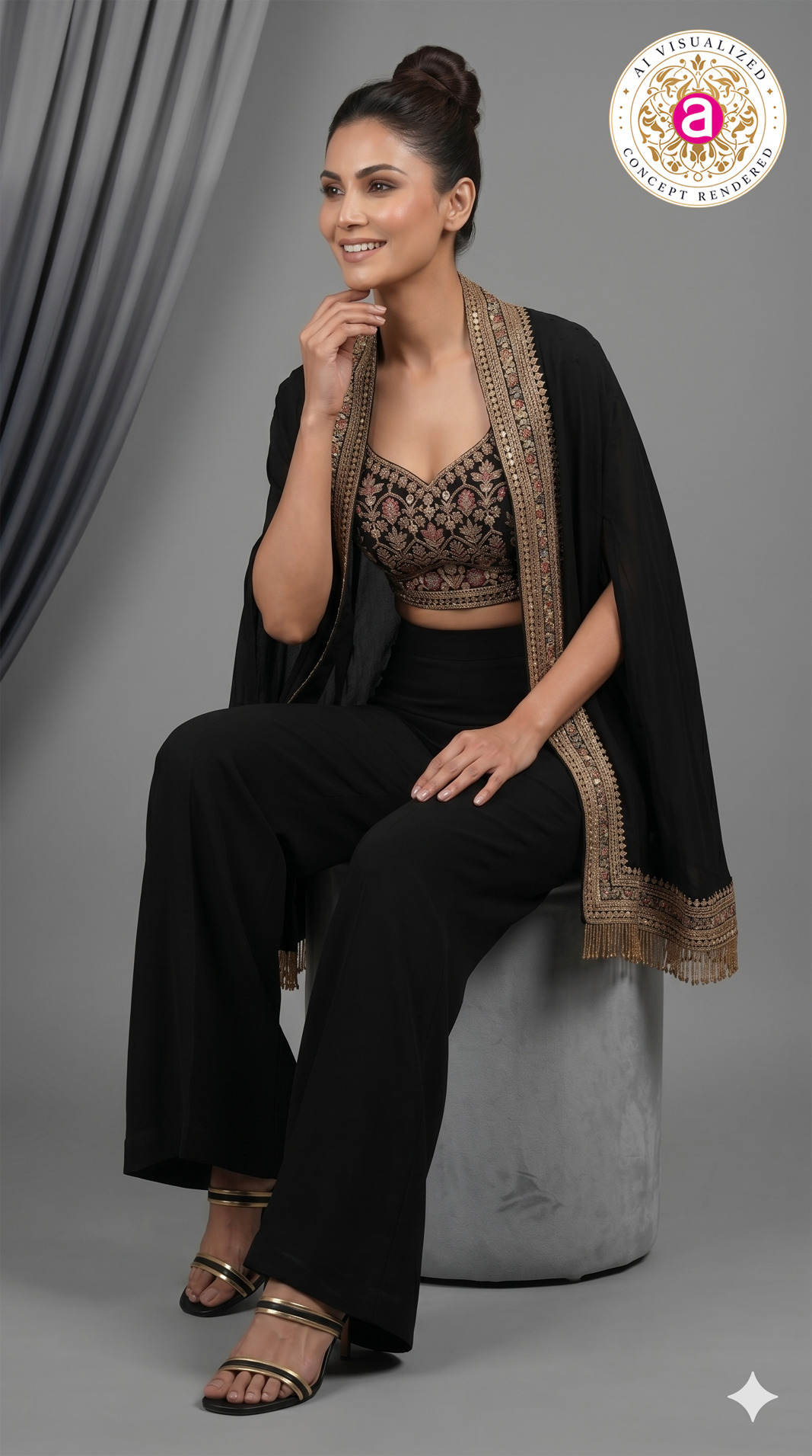 Black Embroidered Indo-Western Co-Ord Set with Cape Jacket