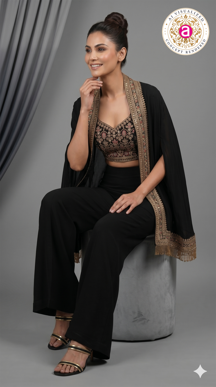 Black Embroidered Indo-Western Co-Ord Set with Cape Jacket