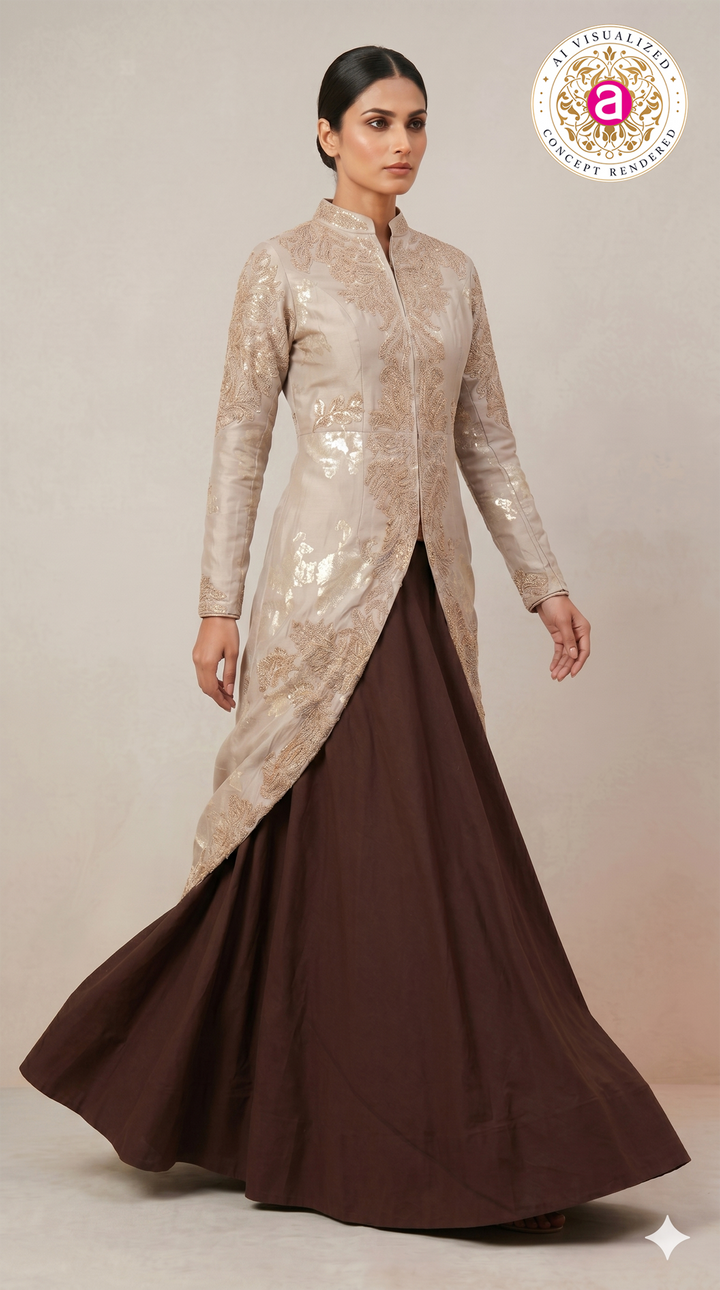 Beige & Brown Designer Indo-Western Party Wear Gown Set