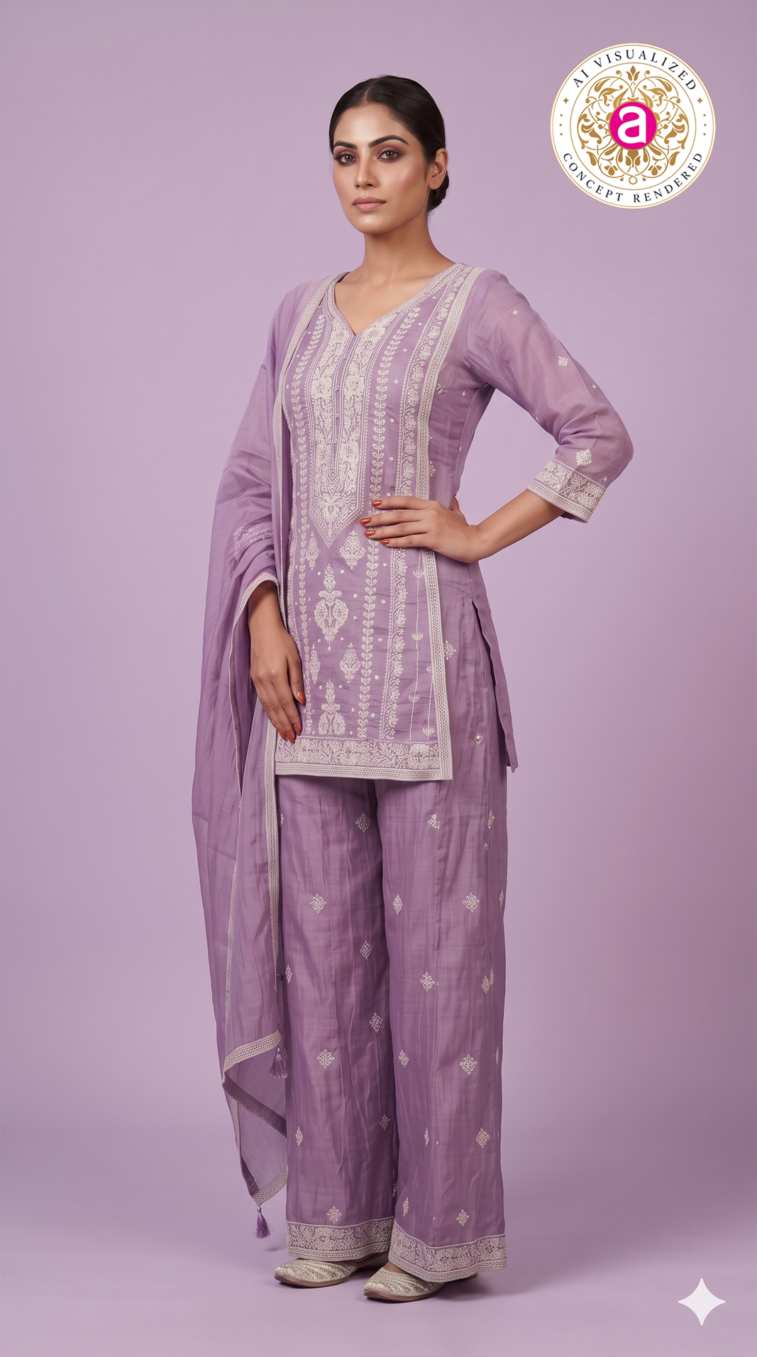 Lilac Embroidered Kurta Palazzo Set with Dupatta