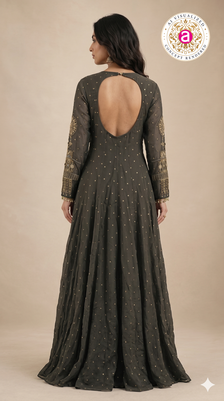 Charcoal Black Embellished Anarkali Set with Contrast Dupatta