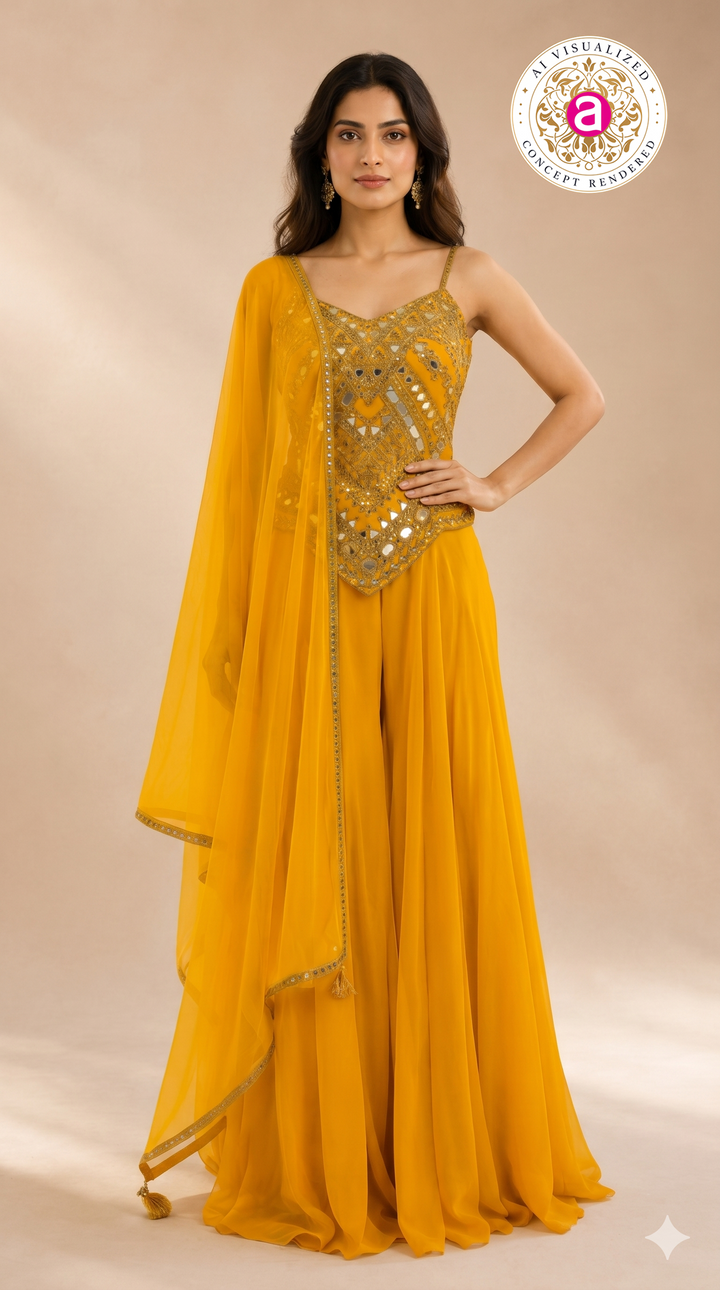 Mustard Yellow Mirror Work Palazzo Set with Draped Dupatta