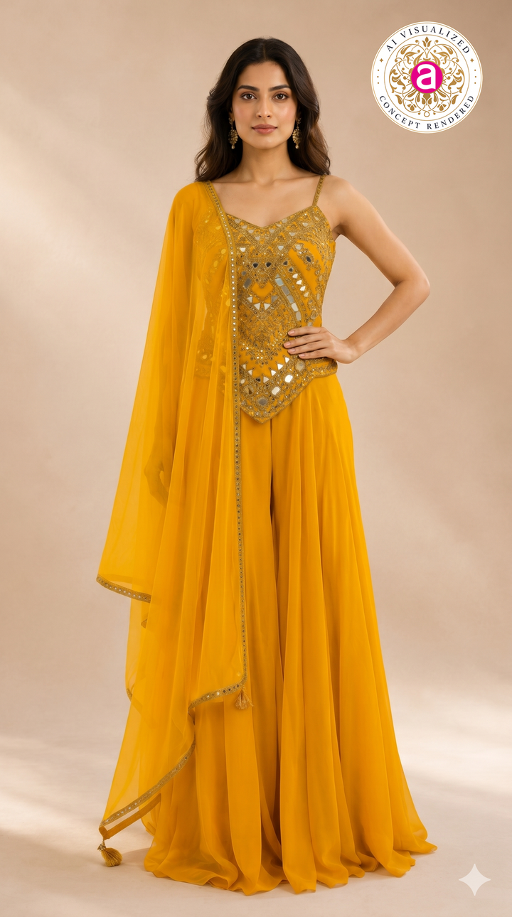 Mustard Yellow Mirror Work Palazzo Set with Draped Dupatta
