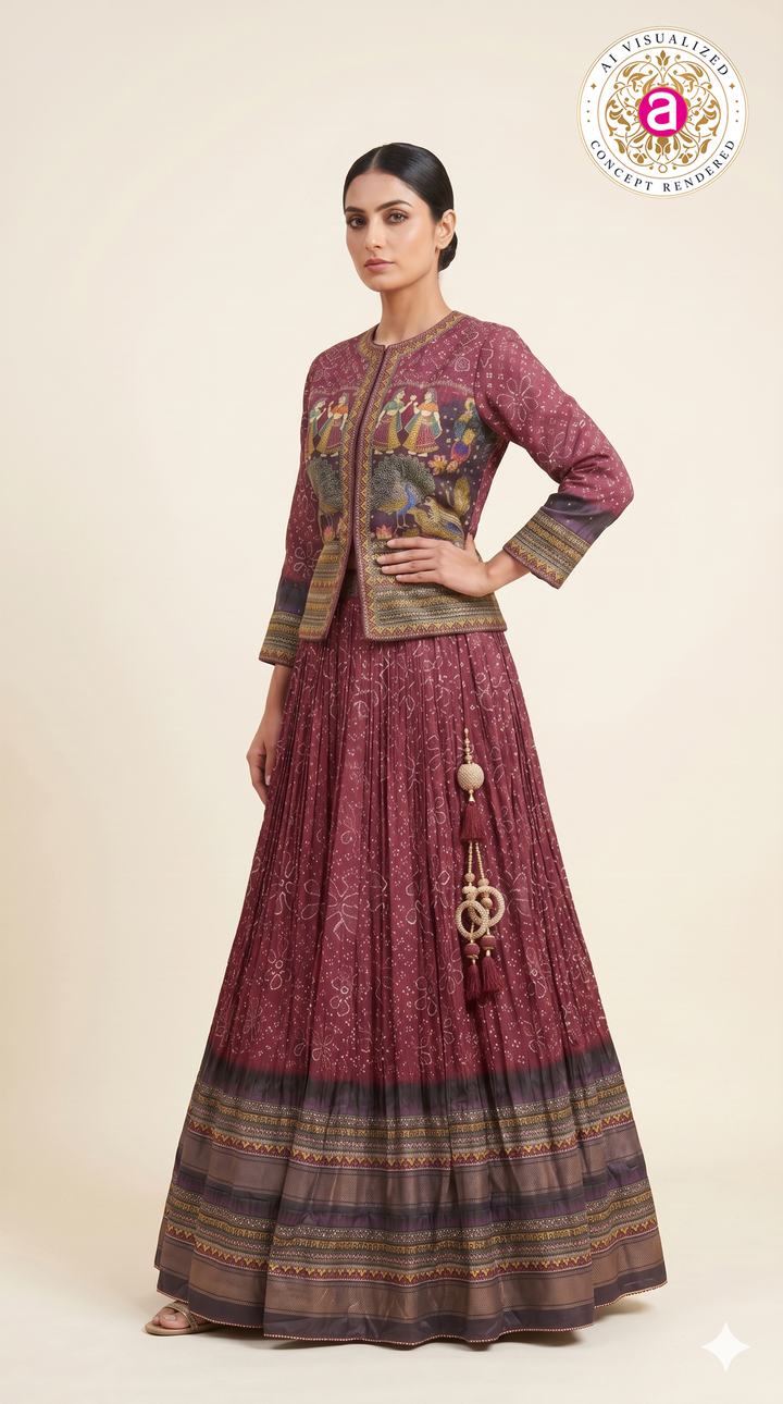 Wine Printed Designer Lehenga Set with Jacket