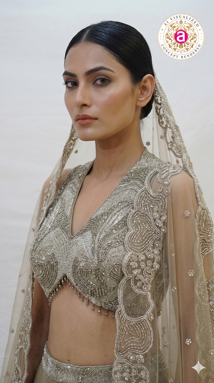 Olive Beige Embroidered Lehenga Choli with Statement Blouse & Net Dupatta