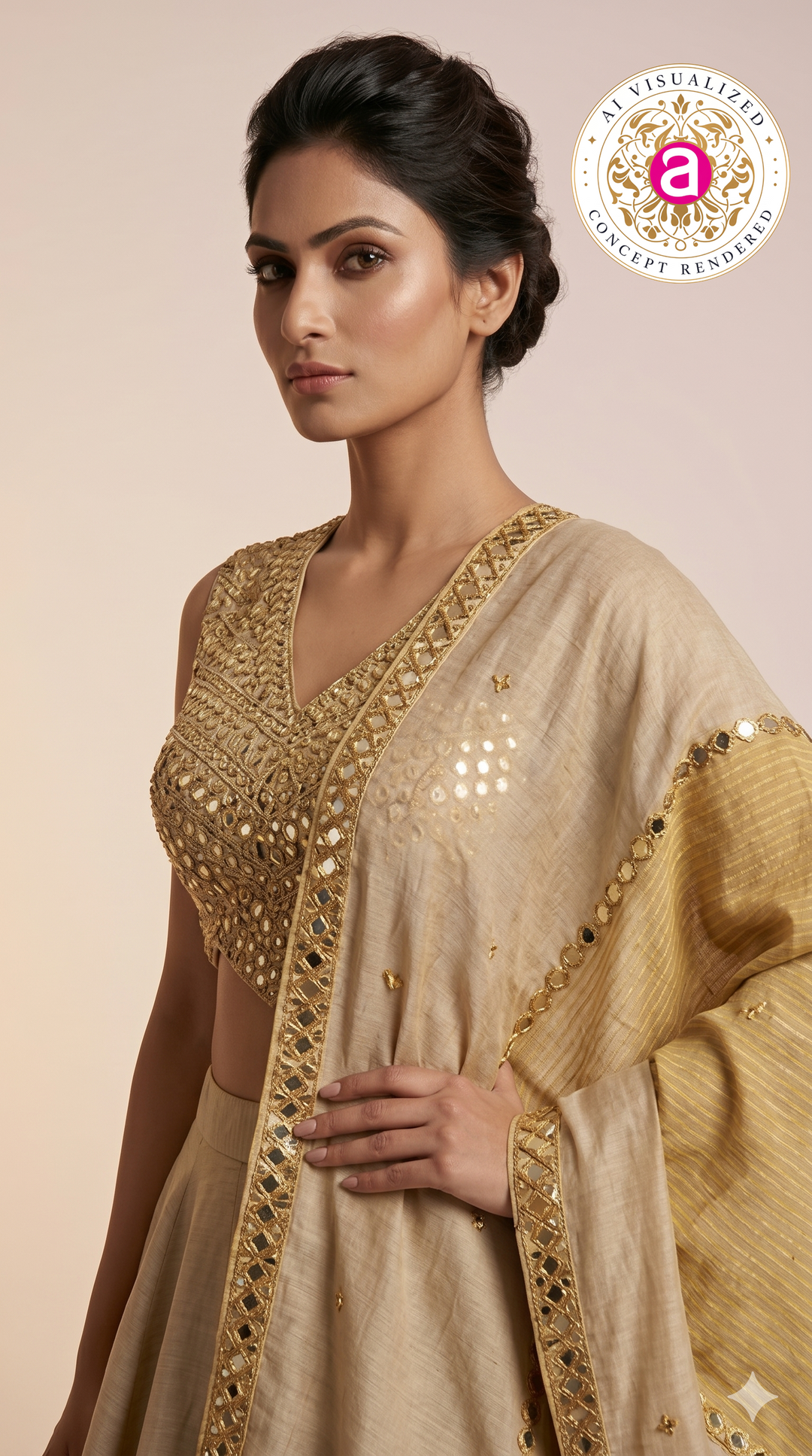 Elegant Beige & Gold Minimal Designer Lehenga Choli with Embellished Blouse & Dupatta