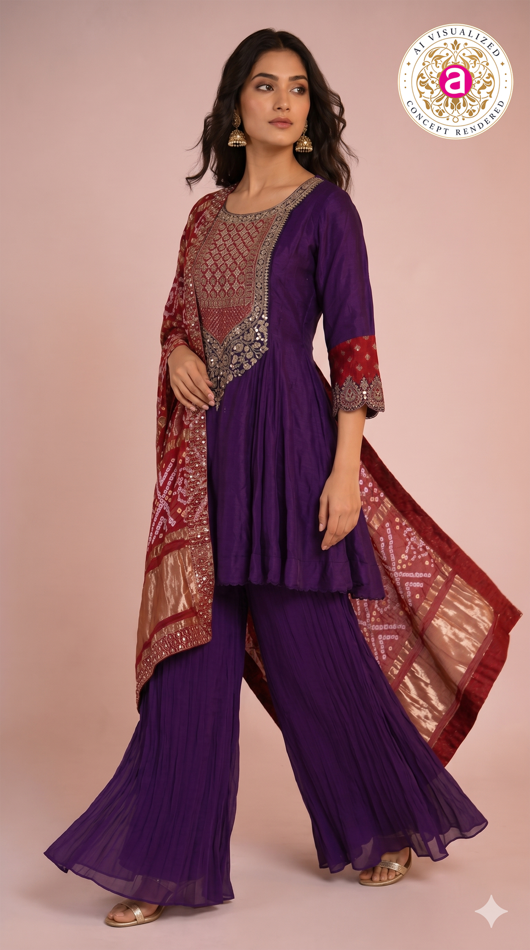 Royal Purple Embroidered Designer Sharara Set with Bandhani Dupatta