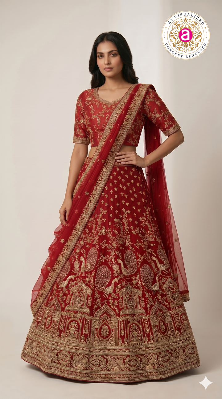 Royal Crimson Red Bridal Lehenga Set with Heritage Zari Embroidery & Net Dupatta