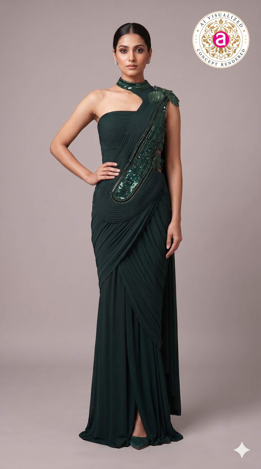 Emerald Green Ready-to-Wear Saree with Sequined Embellishments & Designer Neck Detail