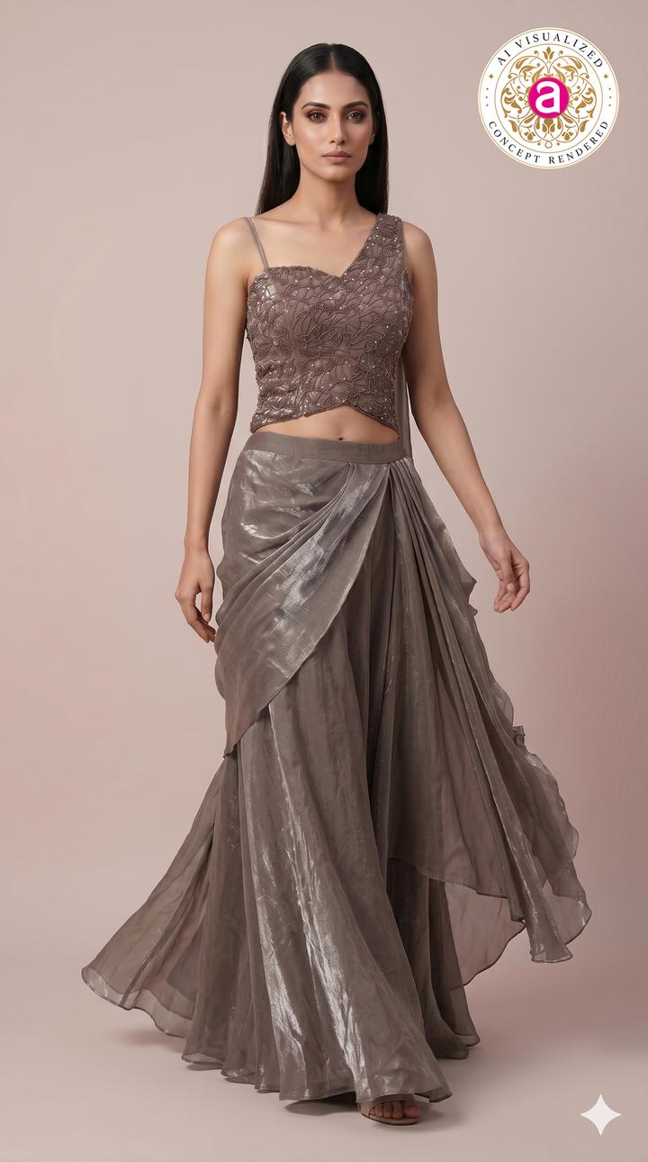 Metallic Taupe Embellished Drape Lehenga Set
